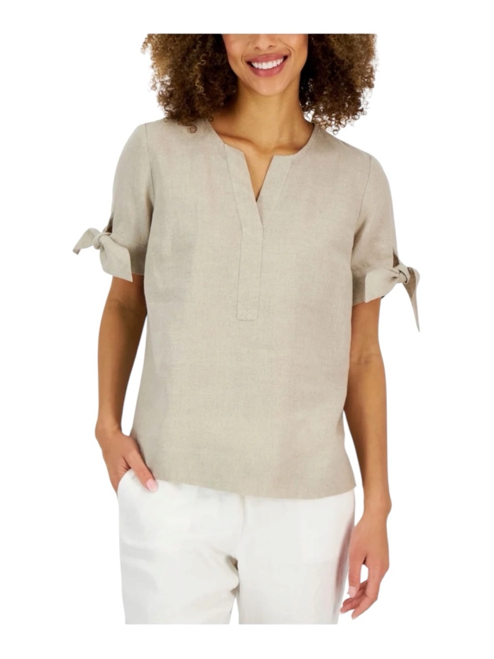 Charter Club Neutral Tie-Sleeve Split V Blouse linen blouse Sz PS